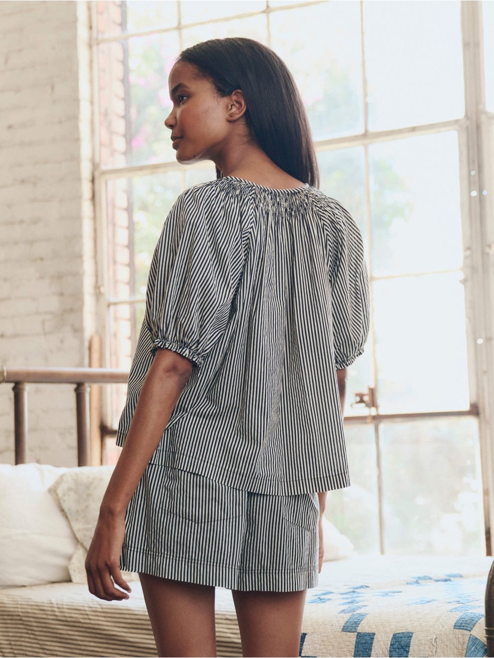 Gingham Shirred Puff-Sleeve Sleep Top from The Great - Black & White